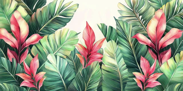 Watercolor tropical palm and hibiscus foliage pattern with layered leaf textures and pink blooms