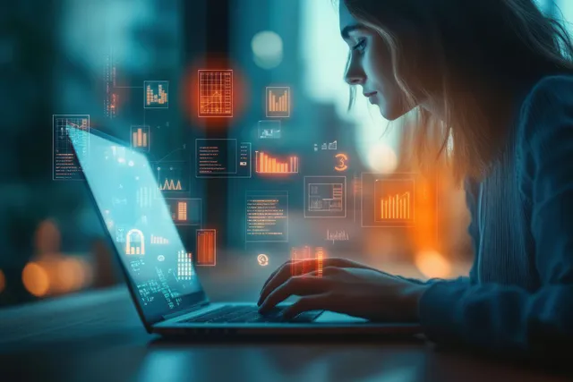 Person analyzing a laptop with glowing stock charts and data dashboards in a dark office.