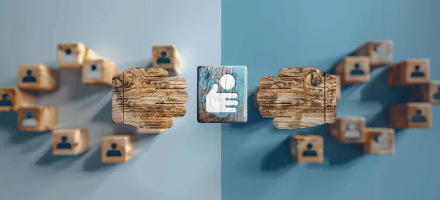 Wooden blocks display handshake and contact icons among small lock symbols in a concept business scene.