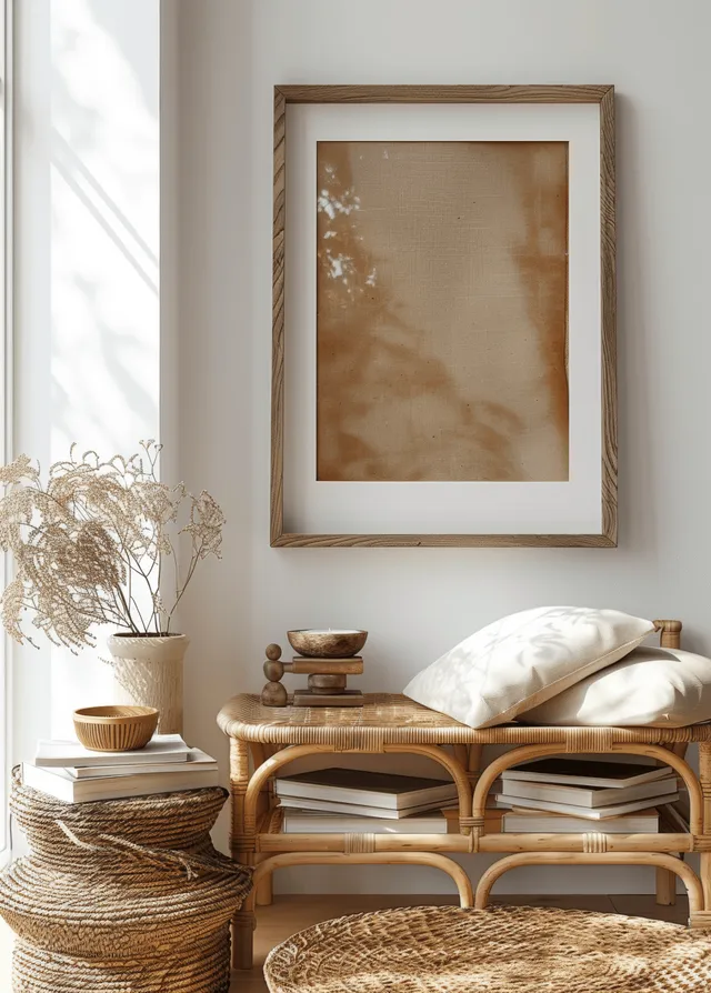 Blank framed poster on a wooden table with wicker seating and books in a bright white living room.