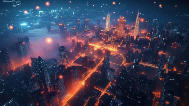 Aerial view of a neon cyberpunk city with glowing route paths, grid overlays, and a dark atmospheric skyline.
