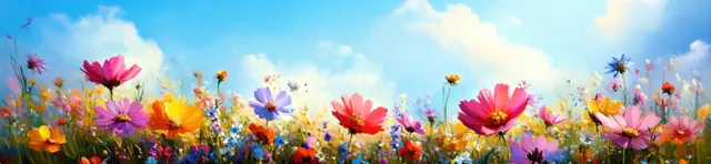 Colorful wildflowers bloom across a sunny field beneath a blue sky with fluffy clouds.