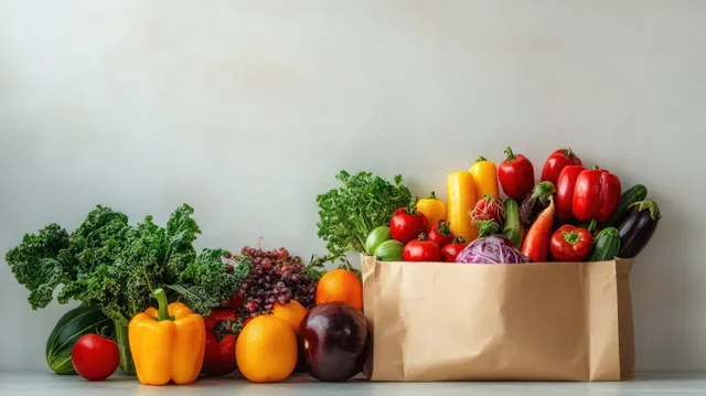 Brown paper bag of assorted fresh vegetables and fruits on a tabletop with leafy kale and colorful produce around it.