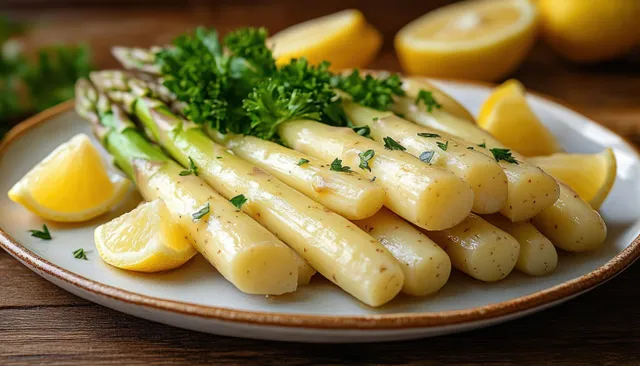 White asparagus spears on a plate with parsley and thyme beside lemon wedges on a wooden table.