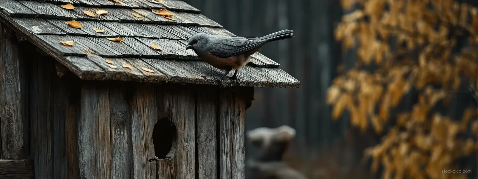 A small gray bird rests on the roof of a weathered wooden birdhouse surrounded by autumn leaves.