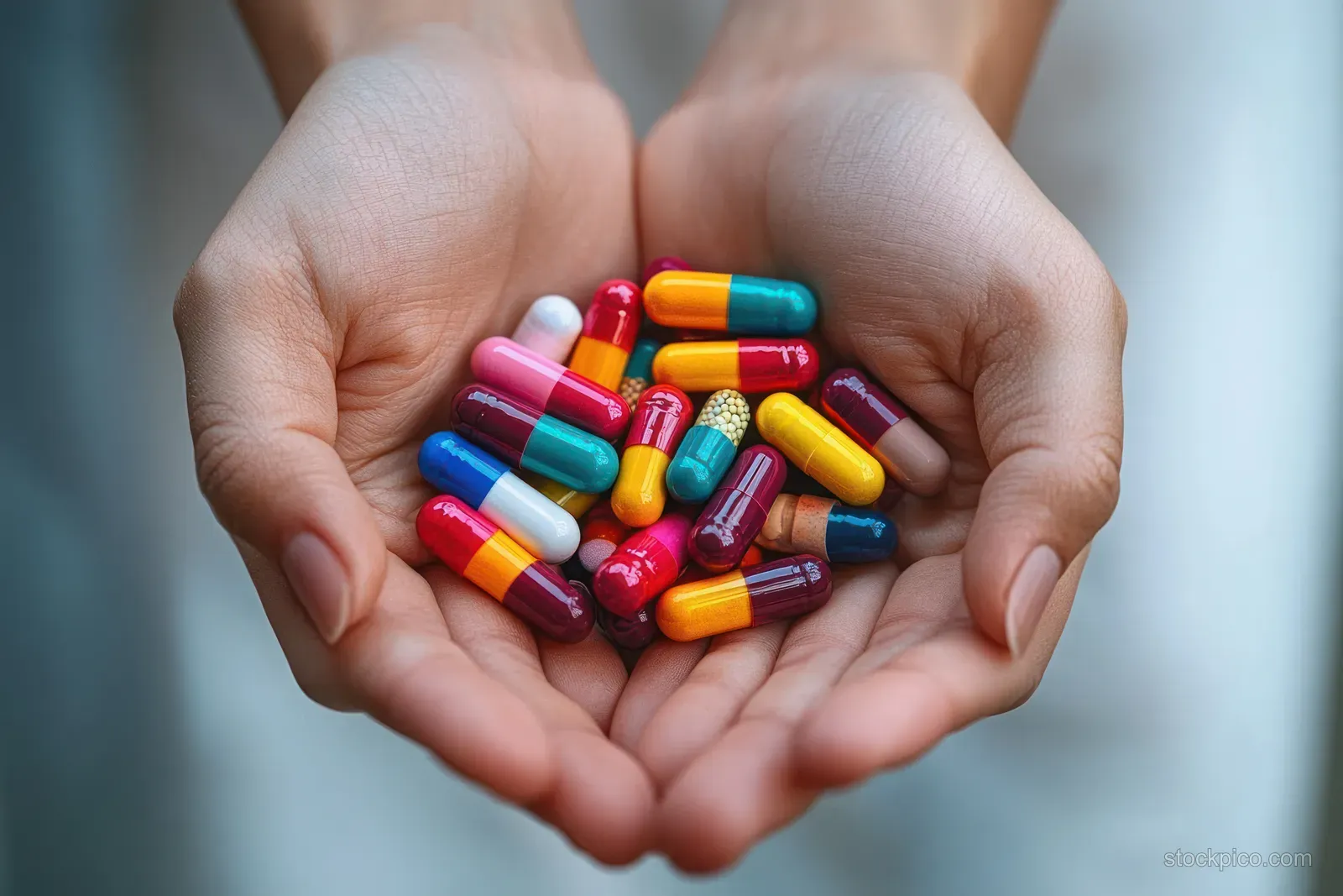 Cupped hands holding multicolored capsules and tablets in a close-up health care dosing scene.