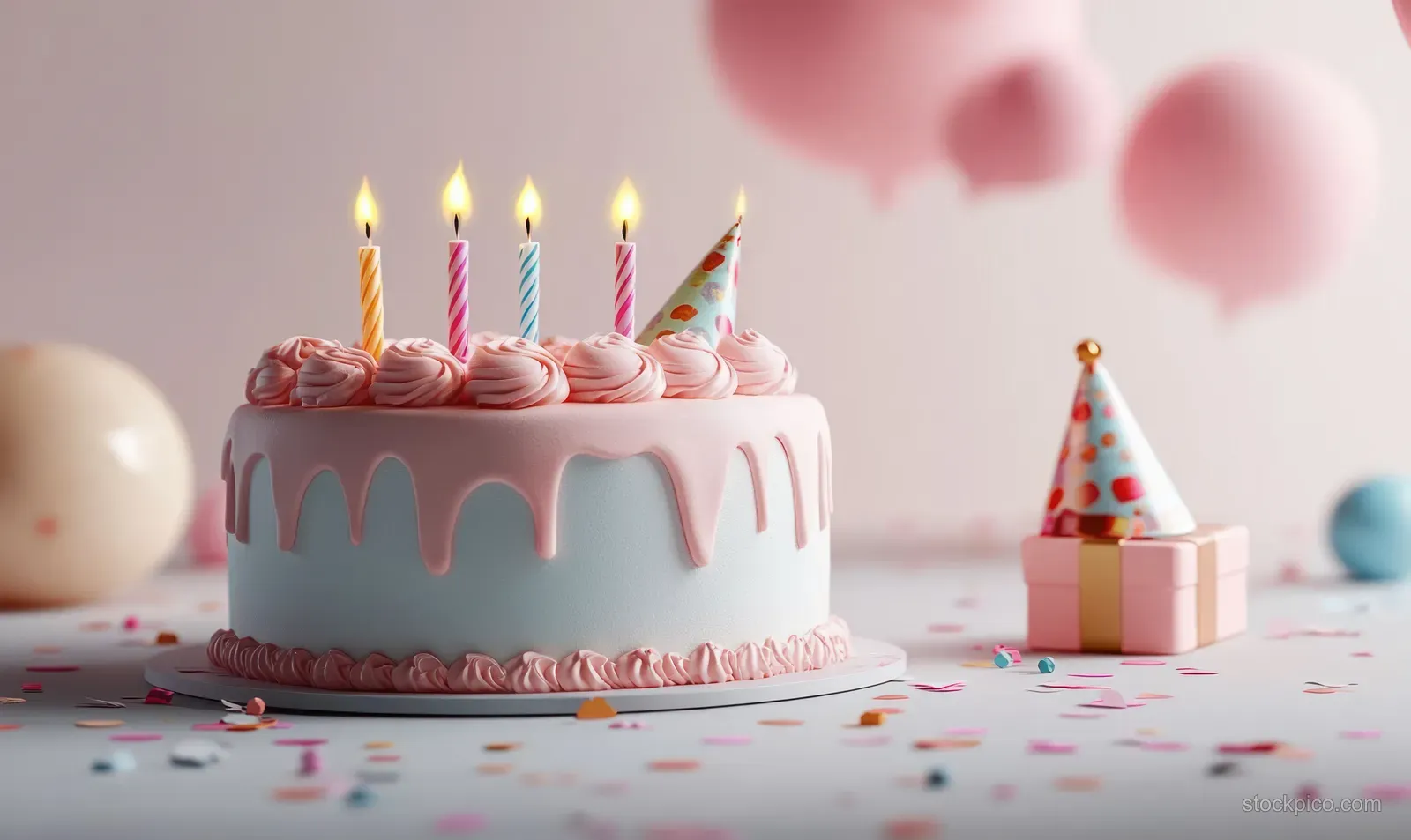 A pink and white birthday cake with lit candles surrounded by confetti and balloons on a party table.