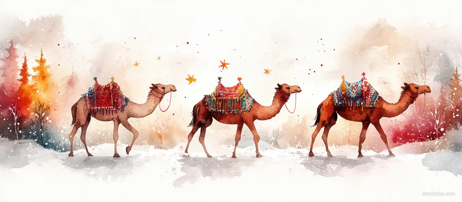 Three camels walk across a snowy watercolor landscape with colorful blankets and a star above.
