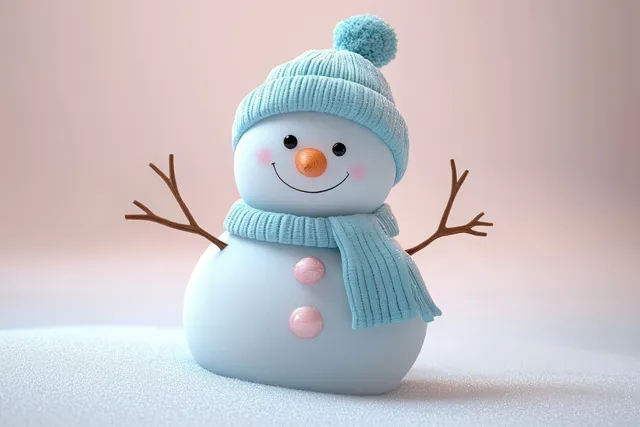 A smiling 3D cartoon snowman with a knit hat and scarf waves in a snowy studio scene.