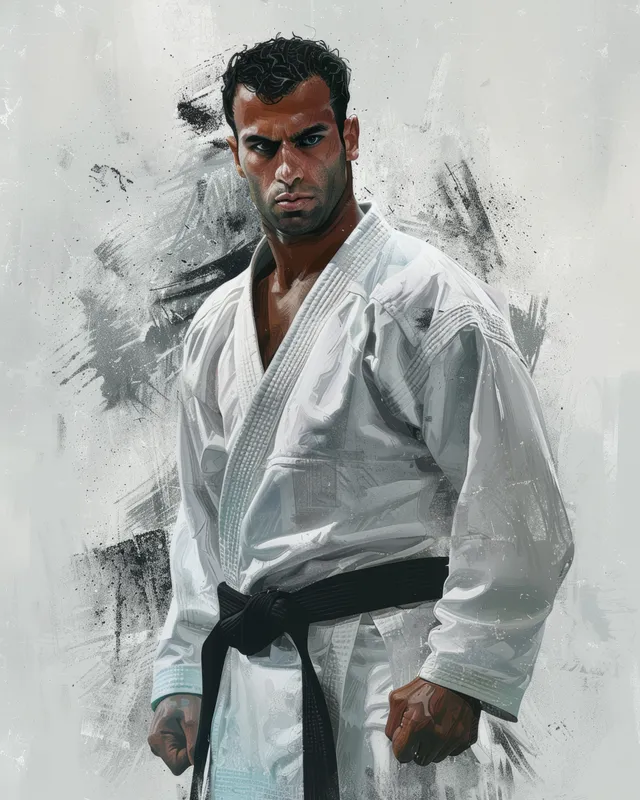 Heavyweight Egyptian taekwondo athlete holds defensive stance, dramatic ink-splash backdrop