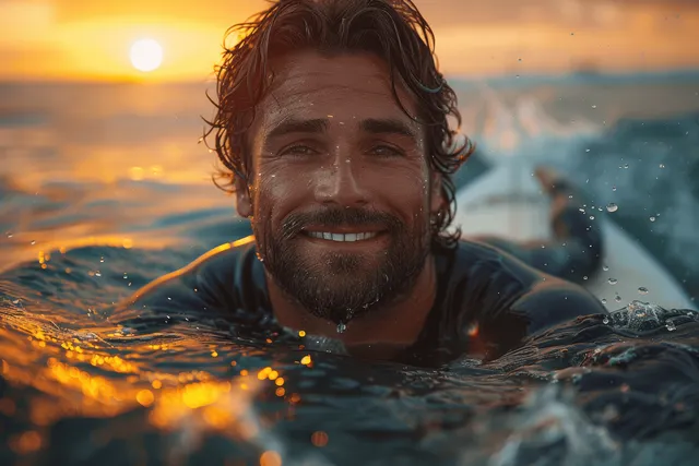 Surfers splash through sunlit ocean waves at sunset, with the horizon glowing behind them.