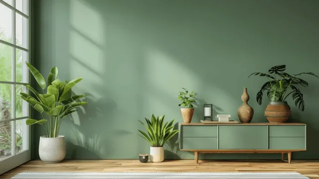 Minimalist living room with green wall, TV cabinet, and potted plants by window with Tv Console Setup