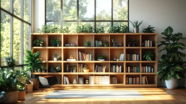 Sunlit cozy reading room with wooden bookshelf, books, and green plants by large windows