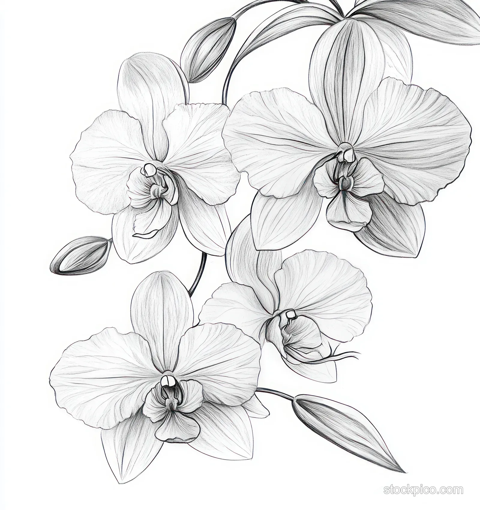 Grayscale pencil sketch of orchid flowers and buds with detailed petal lines and subtle shading on white background.