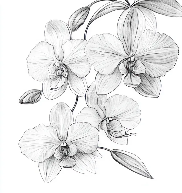 Grayscale pencil sketch of orchid flowers and buds with detailed petal lines and subtle shading on white background.