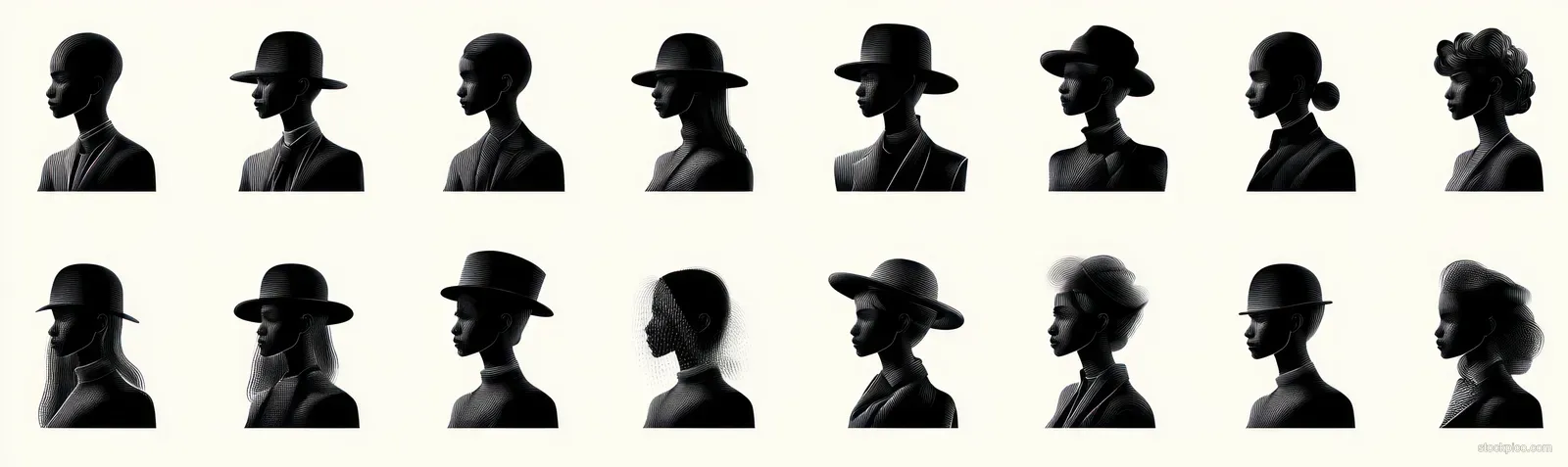 Multiple side-profile silhouettes of diverse people wearing different hats arranged on a light background.