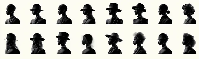 Multiple side-profile silhouettes of diverse people wearing different hats arranged on a light background.