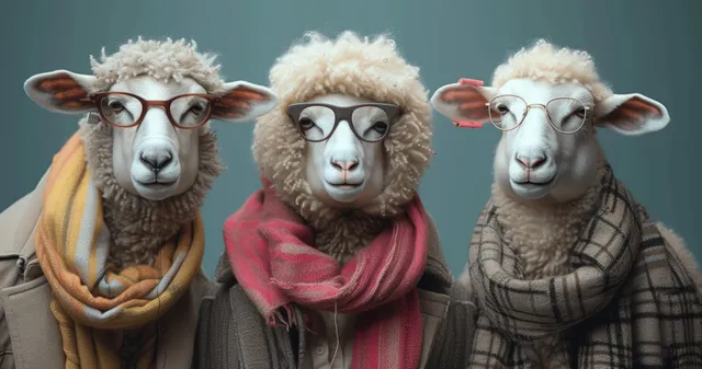 Three sheep studio portraits wearing mismatched wigs, glasses, and colorful scarves
