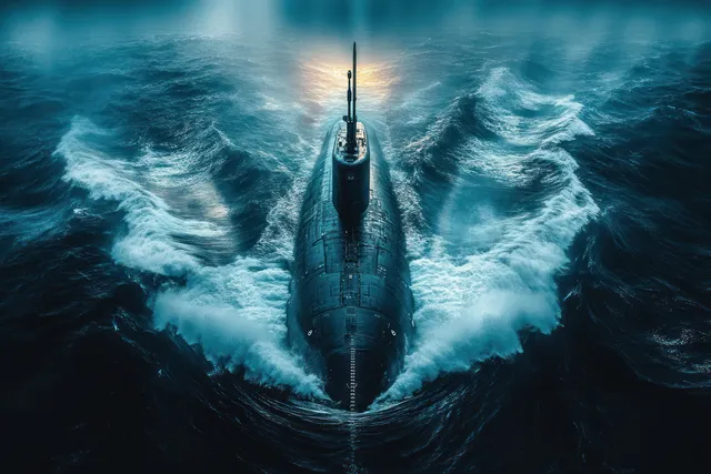 A dark submarine travels through rough ocean water with a bright wake and water spray under blue moody lighting.