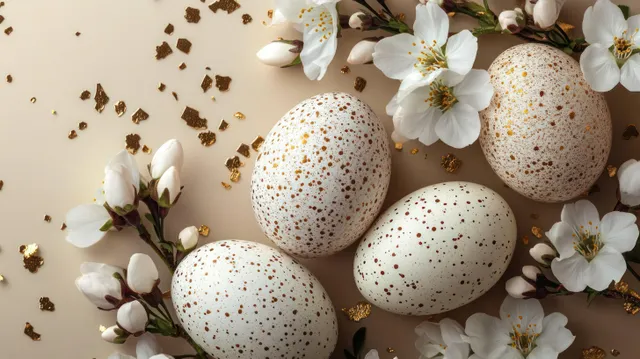 Cuatro huevos moteados rodeados de flores blancas de primavera y hojuelas doradas esparcidas sobre un fondo beige.