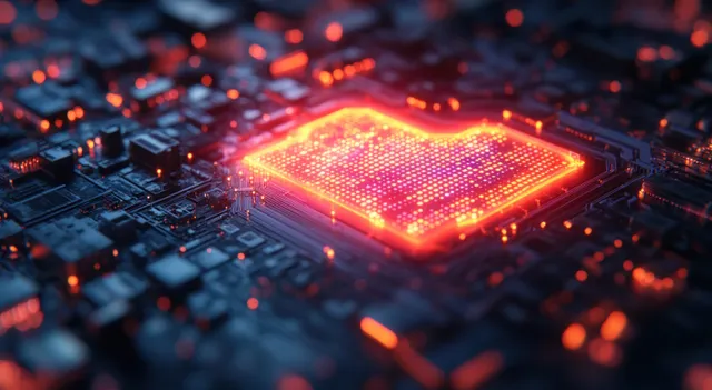 Neon holographic analytics dashboard floats above a dark circuit board with glowing data points and chart-like panels.