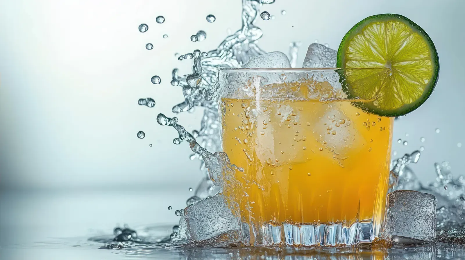 Orange citrus drink in a clear glass with ice cubes and lime slice while water splashes around it.