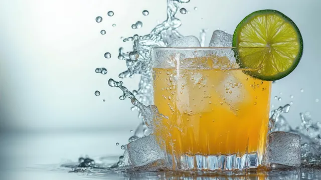 Orange citrus drink in a clear glass with ice cubes and lime slice while water splashes around it.
