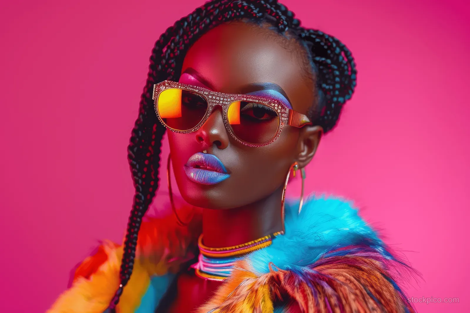 Neon fashion portrait of an African woman wearing sunglasses and a colorful fur coat with braided hair against a bright pink background.