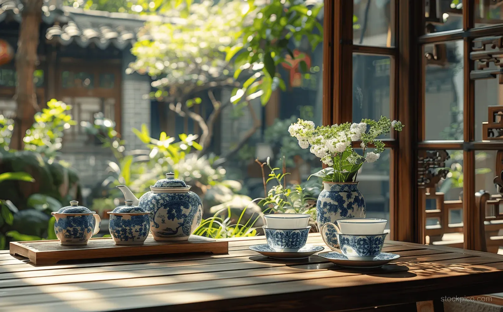 Blue and white porcelain teapot and teacups with floral designs arranged on a wooden table in sunlit courtyard.