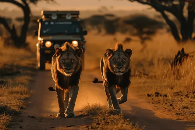 Two lions walk along a savanna road as a safari jeep follows at sunset