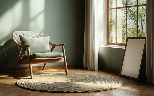 A wooden chair with a soft cushion sits beside an empty canvas frame in a minimalist living room near a bright window.