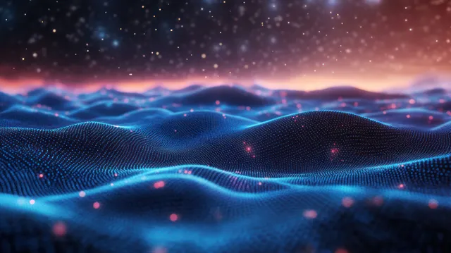 Blue glowing particle waves ripple across a starry digital horizon with pink light specks