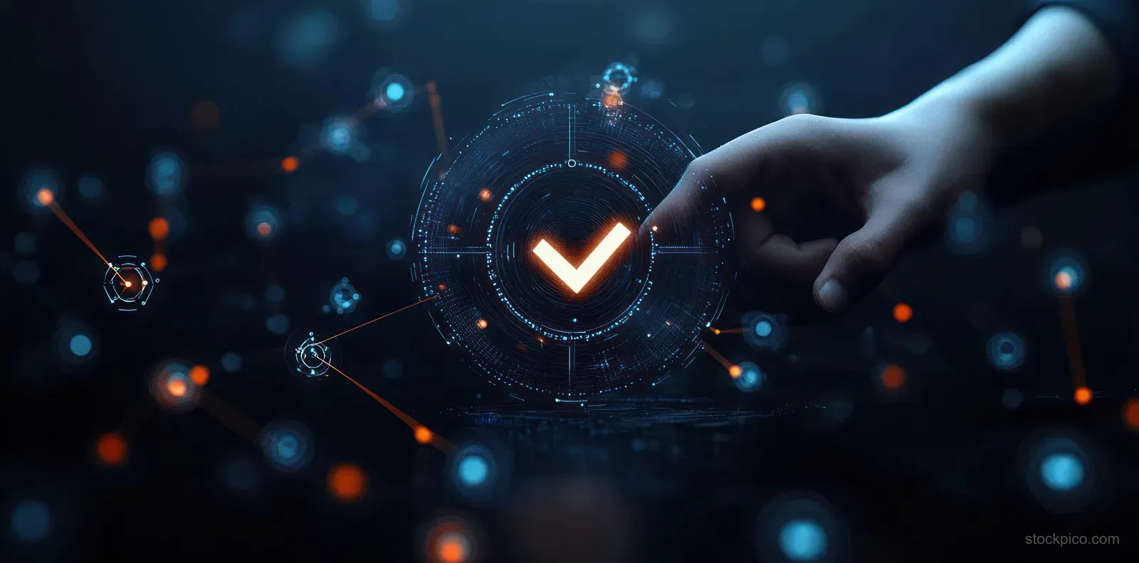 A hand points at a glowing checkmark on a digital interface with floating network nodes.