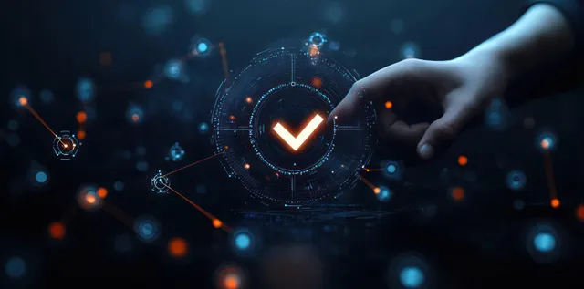 Hand tapping a glowing checkmark on a digital finance interface with network nodes