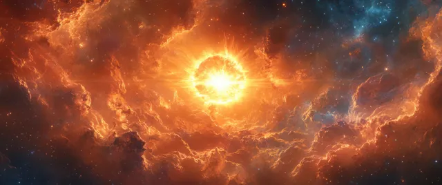 A radiant sun burns in the center of a cosmic scene with swirling galaxies, stars, and glowing nebula clouds.