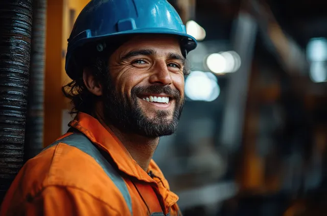 Smiling construction worker in an orange hi-vis jacket and blue helmet at a worksite with blurred background lights.