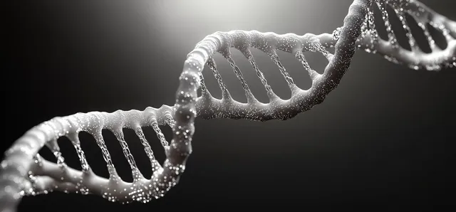Close-up DNA double helix strands with glowing particle specks on dark lab background with Molecular Biology