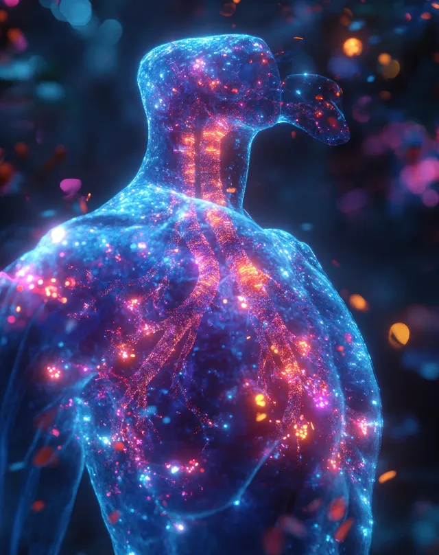 Neon holographic human torso showing glowing lungs and bronchial tree surrounded by cosmic particle lighting.