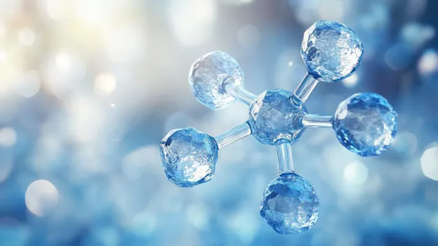 Blue crystalline molecular spheres connected into a 3D structure floating over a soft bokeh background.
