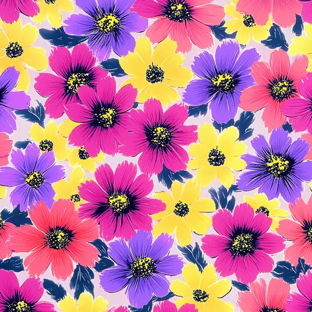 Colorful floral pattern with pink, yellow, purple blooms and dark centers