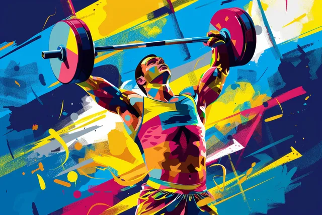 Illustrated Ukrainian weightlifter hoists an 81 kg barbell as colorful paint splashes and motion streaks surround the lift.