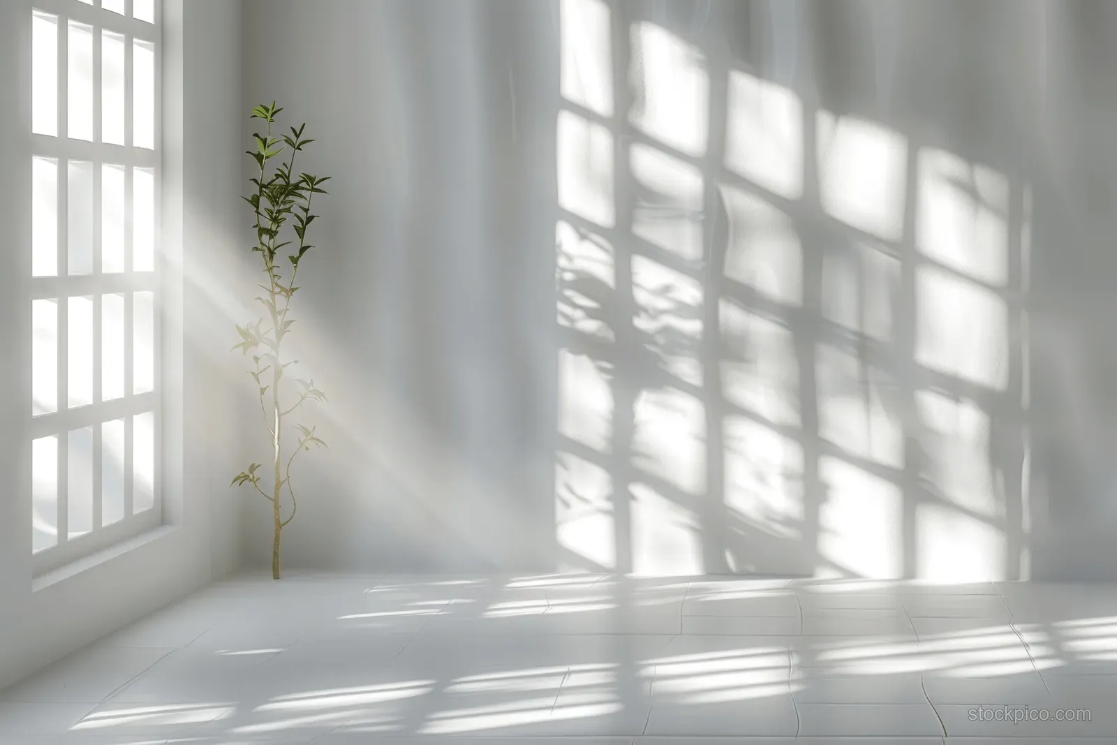 Sunlight creates geometric window-shadow bands across an interior wall and floor beside a small potted plant.