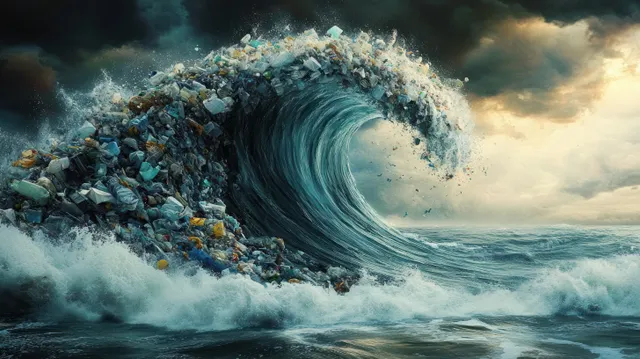A stormy ocean wave crashes with floating plastic trash and debris visible in the foamy crest.
