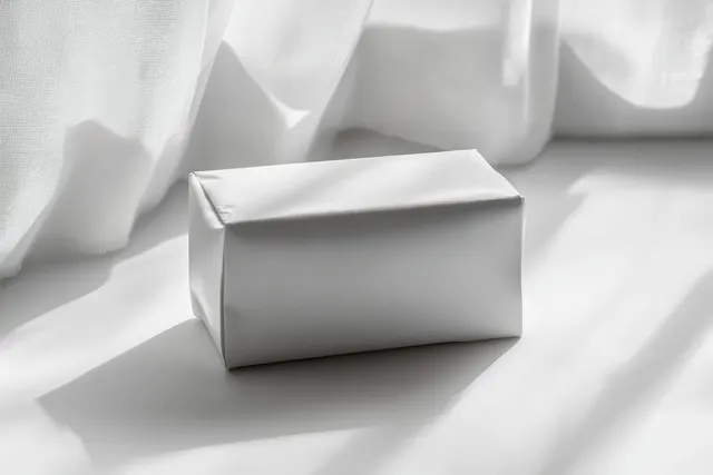 Minimal snack packaging box with soft shadows on white backdrop