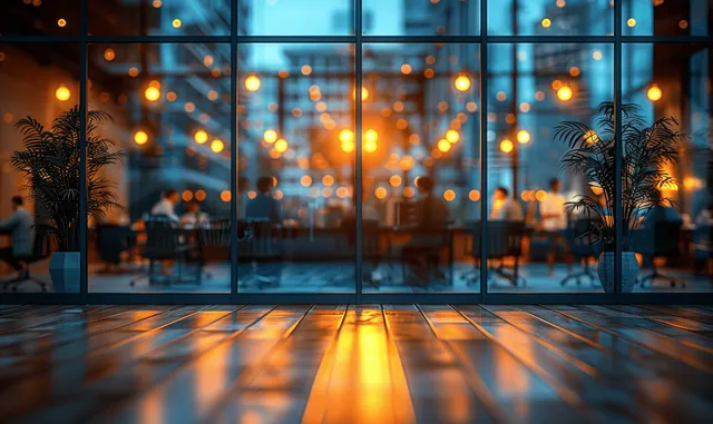 Warm-lit modern office interior with blurred business meeting visible through a glass wall behind the foreground floor reflections.