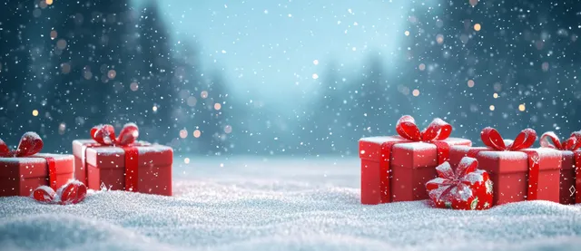 Red Christmas gift boxes with ribbons and bows on snowy ground under falling snow and glowing bokeh lights.
