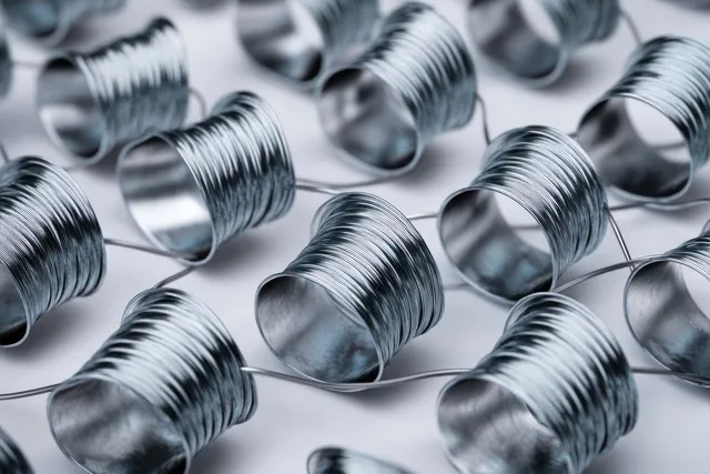 Shiny metal wire coils are scattered on a light surface, showing reflective cylindrical loops.