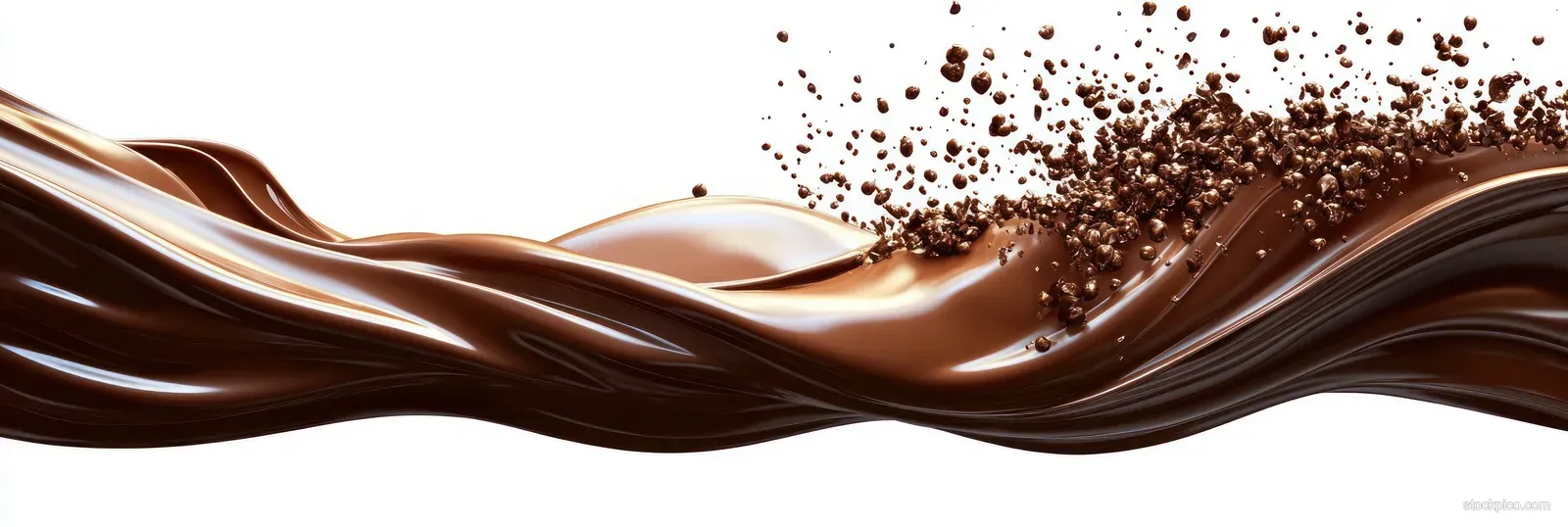 Dark and milk chocolate swirl splashes with scattered cocoa chunks on a white background.