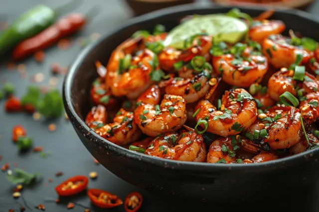 Sizzling spicy shrimp in black bowl with herbs and red chili flakes, top view