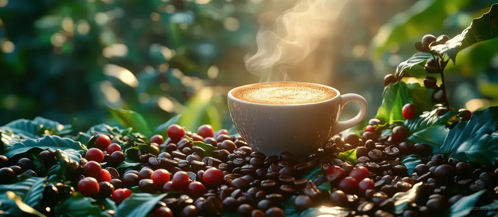 Steaming coffee cup surrounded by ripe cherries and roasted beans on green coffee plant leaves in warm sunlight.